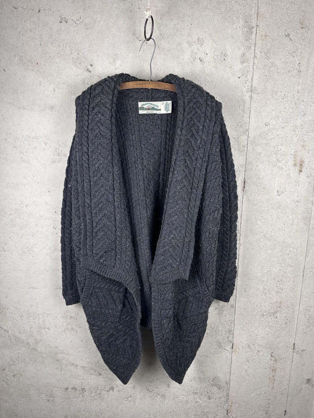 Aran Crafts 100% Merino Wool Cable Open Front Long Black Cardigan Sweater Sz SML